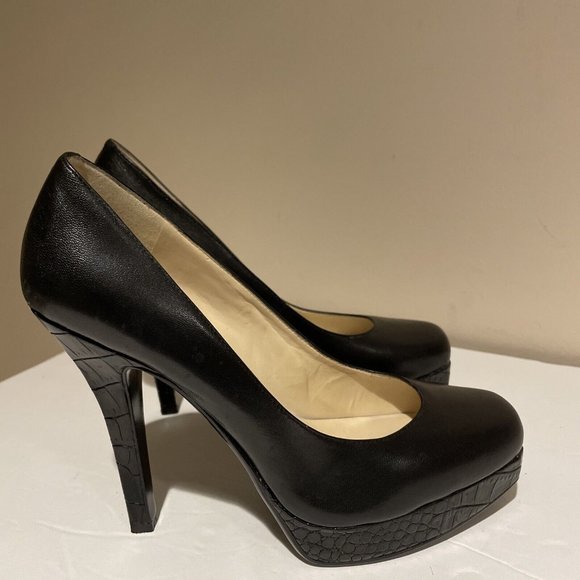 Nine West Shoes - Nine West Womens Square Toe Heels Shoes Heleneo SZ 8.5 Black Leather Croc Detail